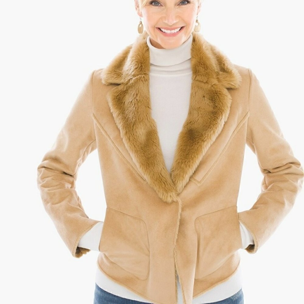 NWOT Chicos Faux Suede and Shearling Fur Collar Penny Lane Camel Coat Size Small